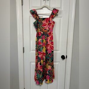 Tropical Floral Maxi Dress with Square Neck and Short Flutter Sleeves- S